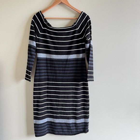 ELIZA J Off The Shoulder Stripe Sheath Dress In Black Ivory Charcoal Wom… - Picture 7 of 8